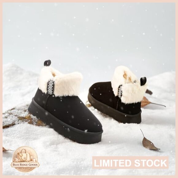 Faux Fur Lined Platform Snow Boots Slip On Ankle Booties Winter Warm Fuzzy - Picture 3 of 7